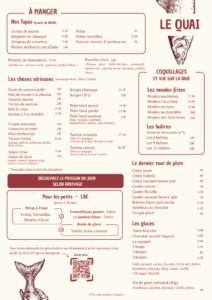 Carte du restaurant le Quai 5 à Saint-Valery-sur-Somme face à la baie de Somme