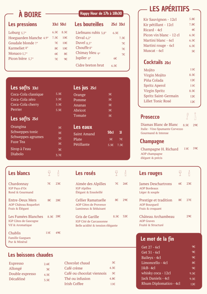 Carte des boissons du Quai 5 à Saint-Valery-sur-Somme